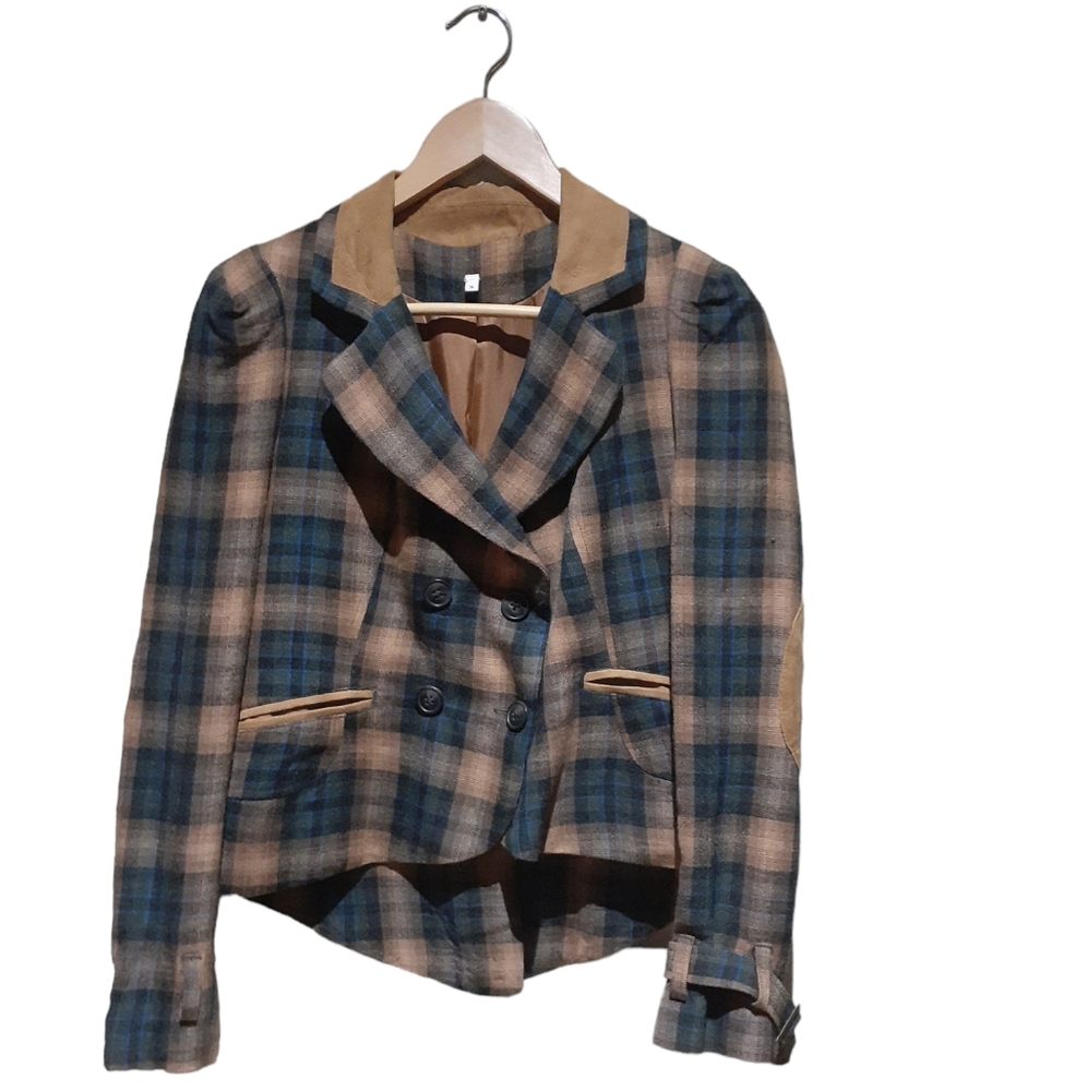 Willow & Clay Equestran Riding Jacket Plaid Wool Blend Blue Tan Size Small